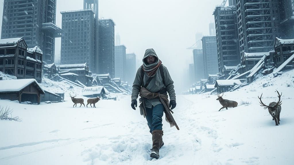 Desolate Post-Apocalyptic Figure Trudges Through Blinding Sn...