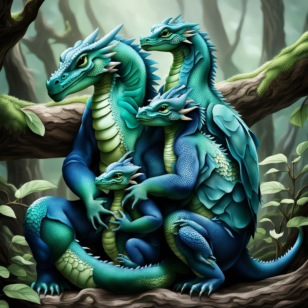 Dragon Parents Nurturing Their Babies