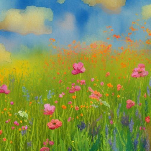 Flower Meadow in Gouache Watercolor Style