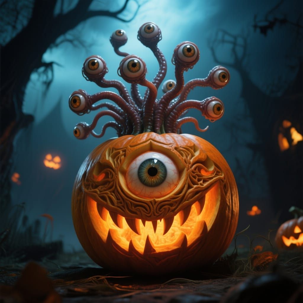 Spooky Jack-O-Lantern Beholder Monster on Halloween Night