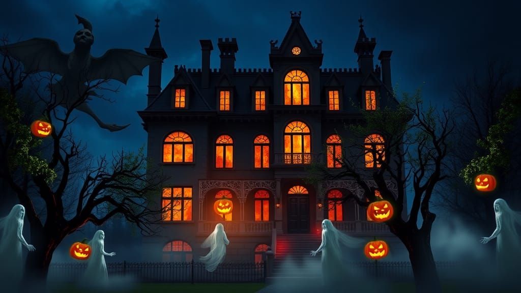 Gothic Mansion Aglow with Jack-o'-Lanterns