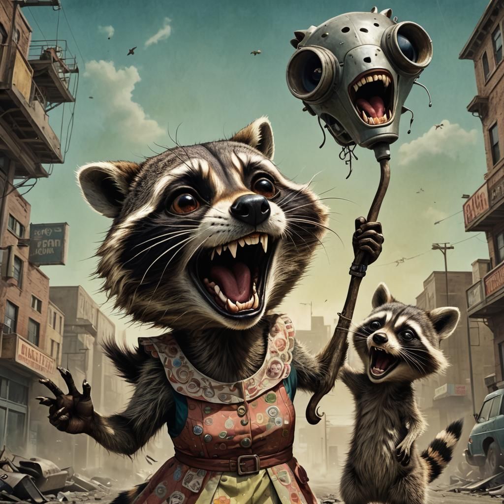 Cartoon Raccoon Screams in Surreal Wasteland