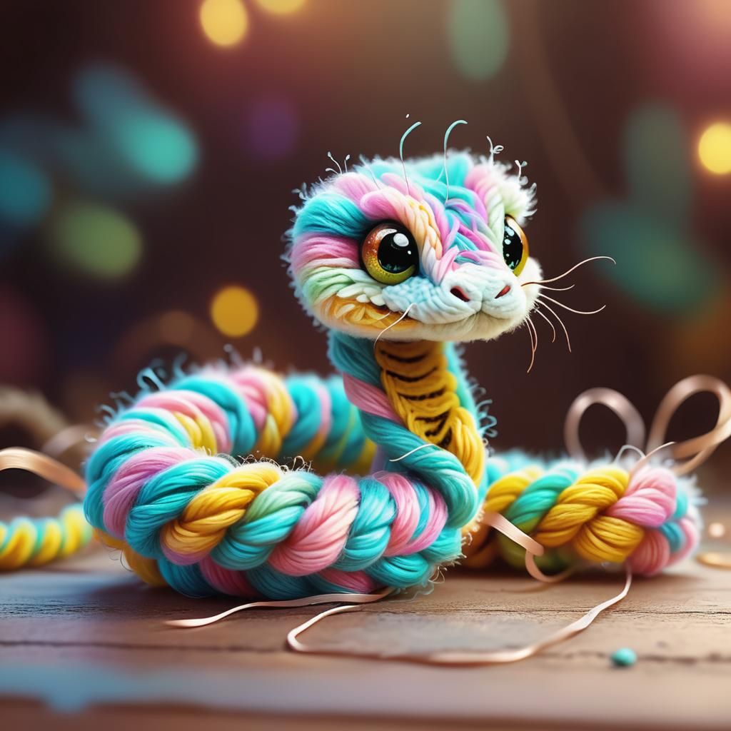 Fuzzy Yarn Snake Portrait in Cartoon Style
