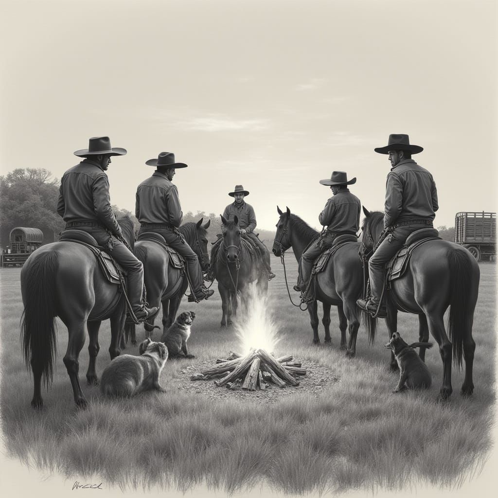 Cowboys Gather Around a Warm Campfire in a Pencil Drawing