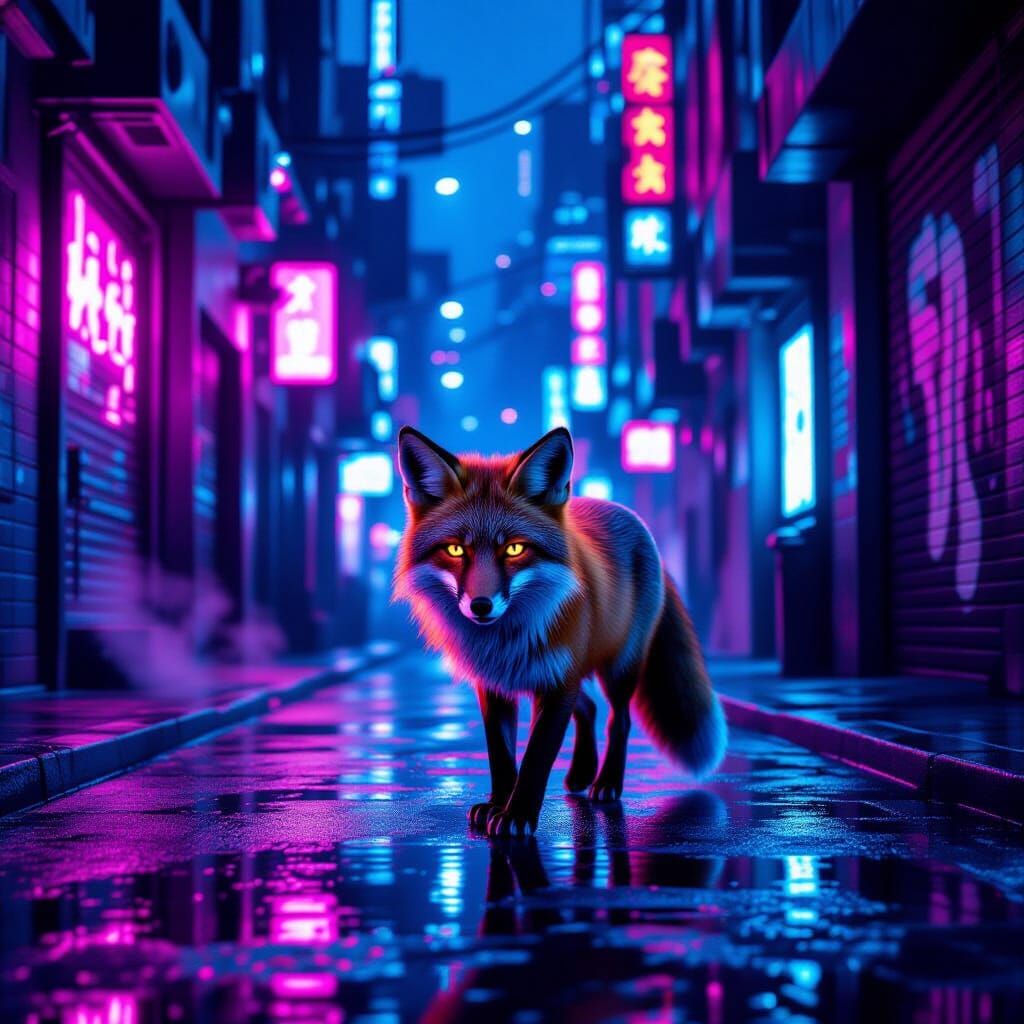 Lone Fox in Neon-Lit Futuristic Alleyway