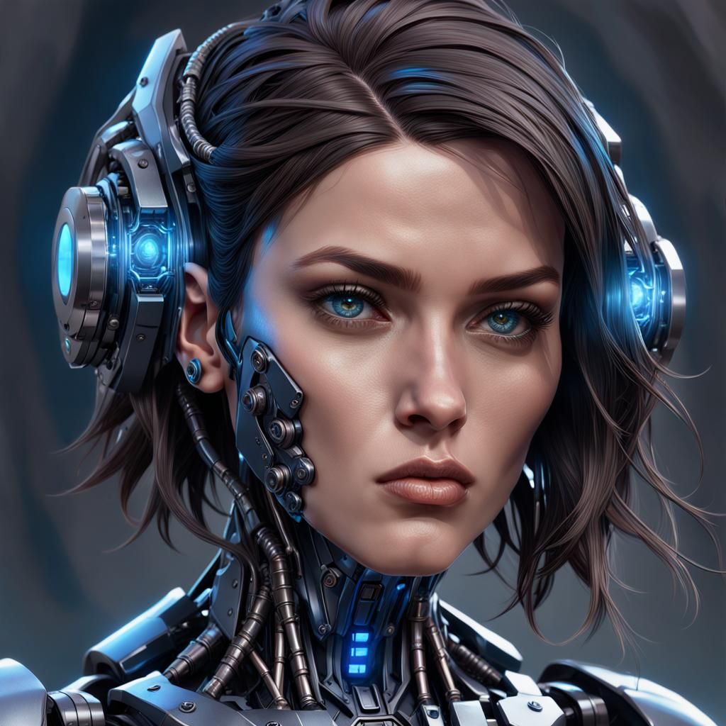 Brunette Cyborg Head Portrait in Hyperdetailed Style