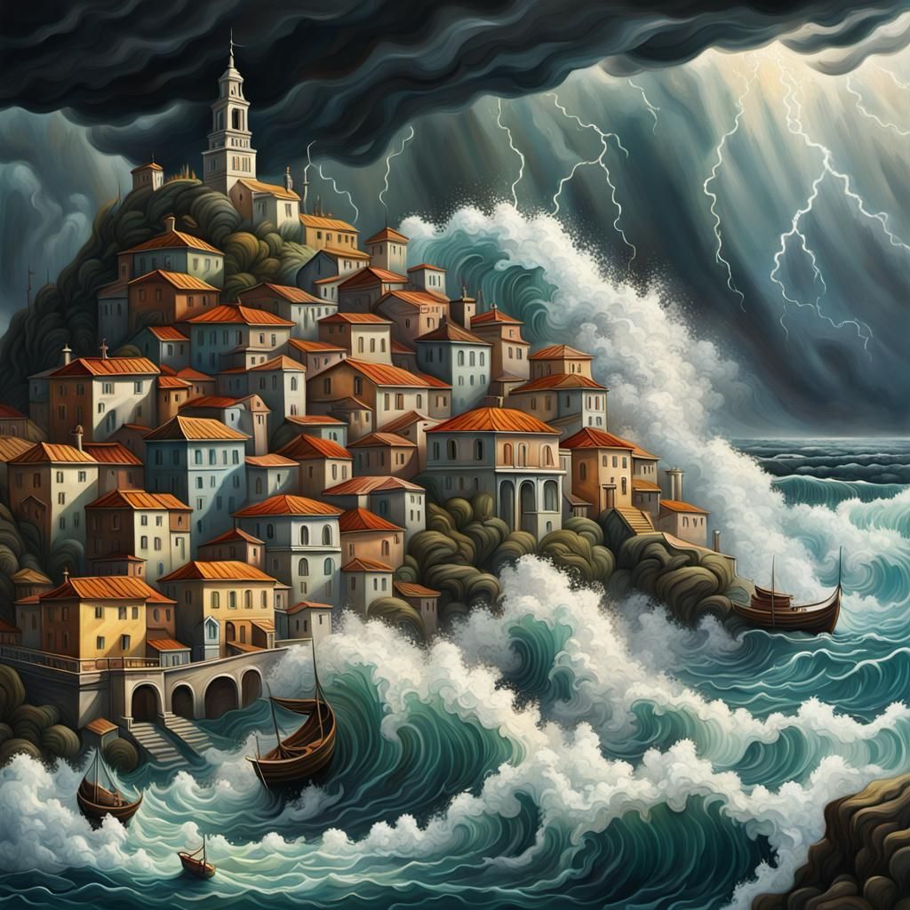 Stormy Seaside Town: A Surrealist Painting
