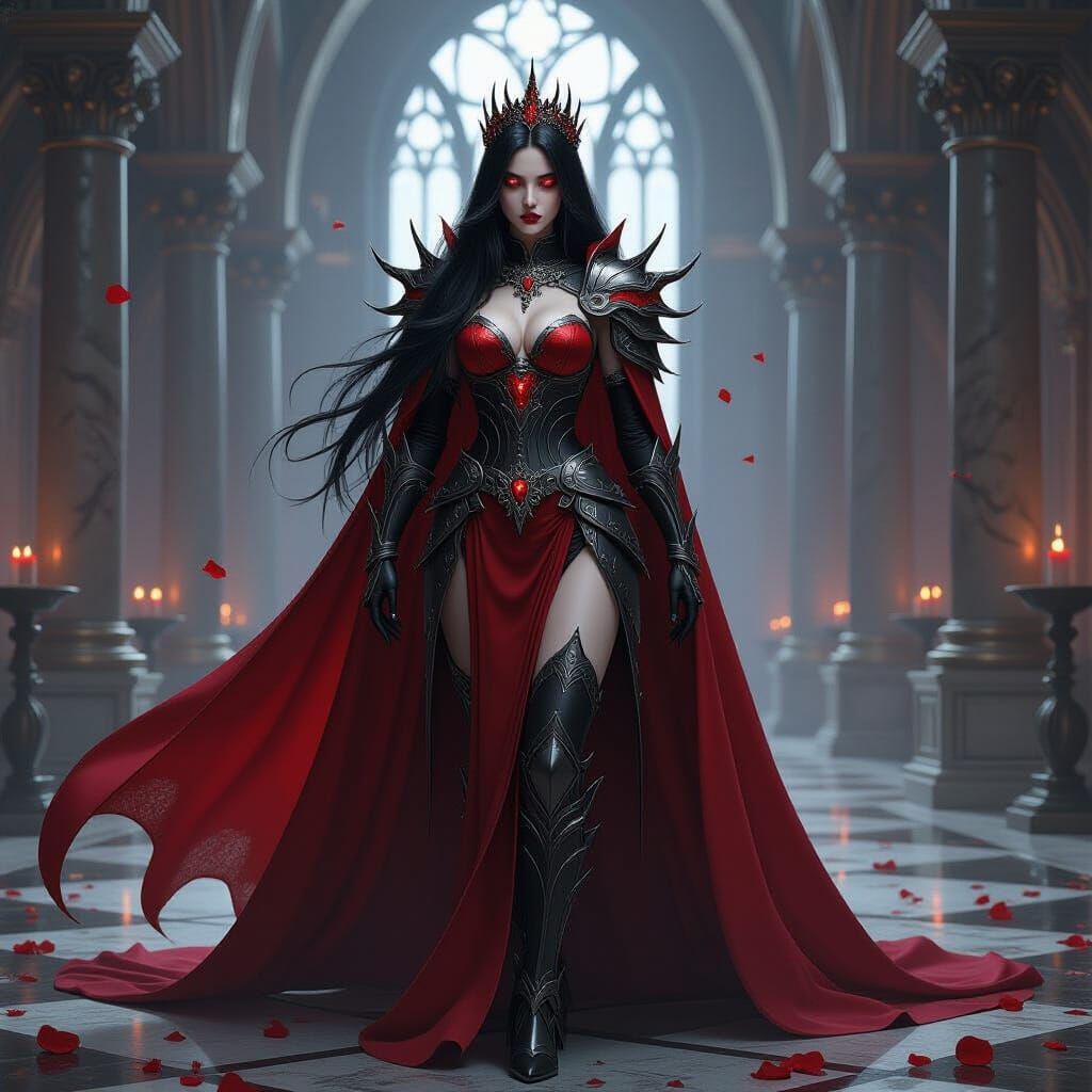 Gothic Vampire Queen in Spiky Armor with Red Cape