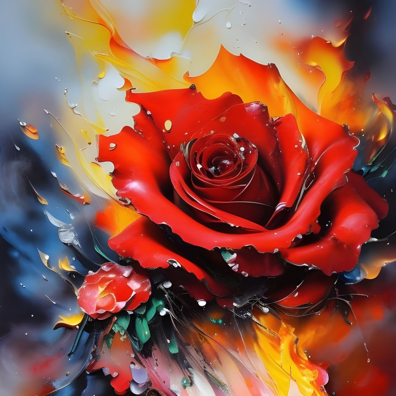 Detailed Fire Rose with Oil and Ink Effects