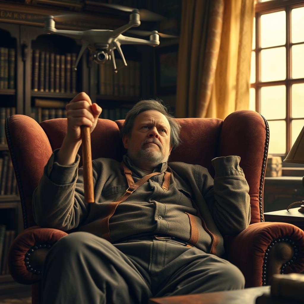 Man With Stick About to Hit Drone