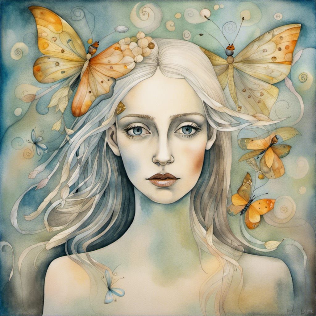 Watercolor Woman with Butterfly Wings in Dreamscape