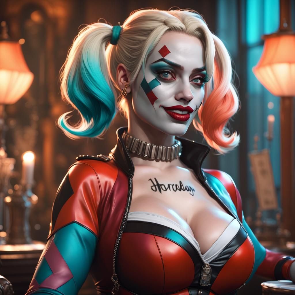 Harley Quinn Back Pose in Art Nouveau Style