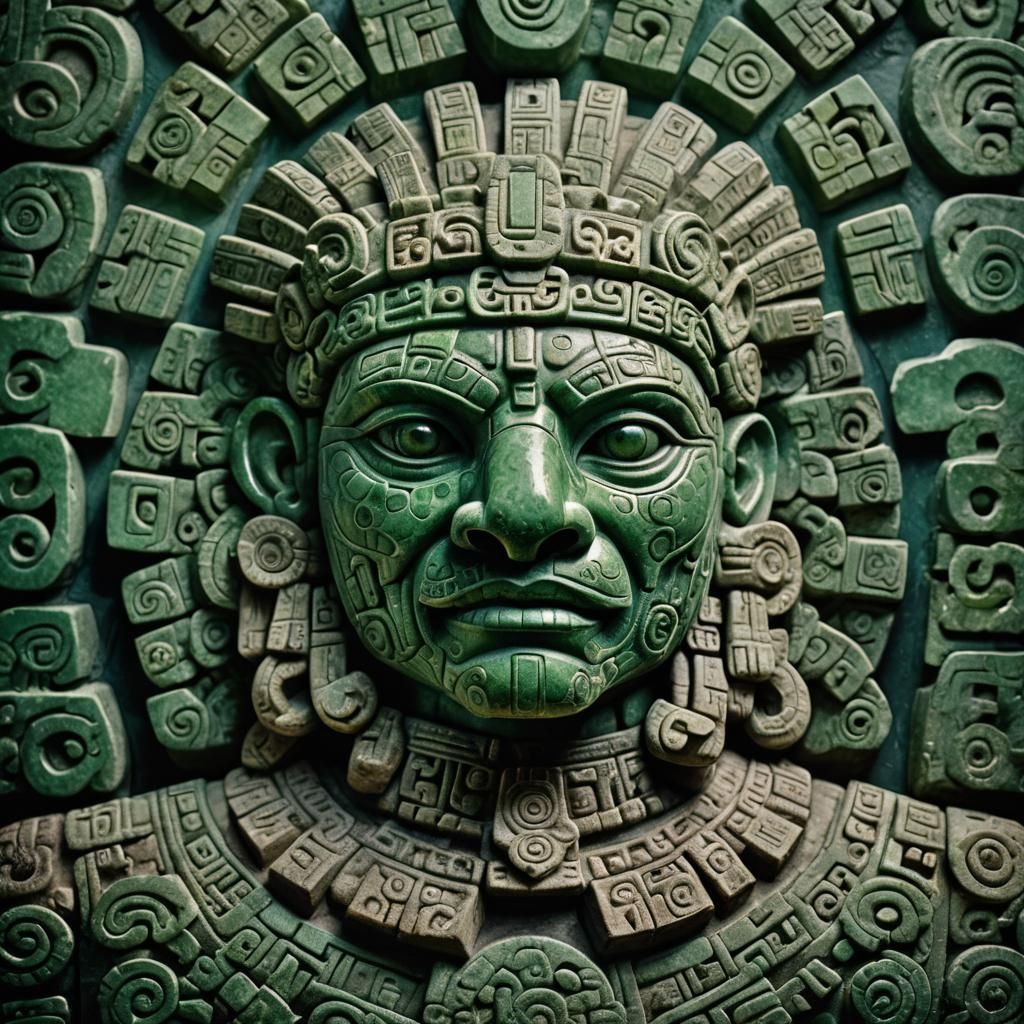 Ancient Aztec Jaguar God in Vibrant Jade Stone Portrait