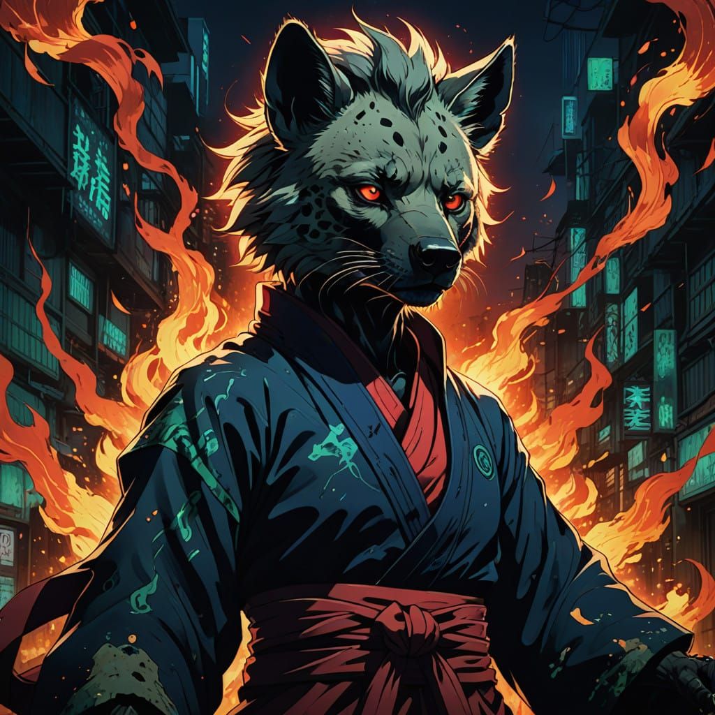 Demonic Shadowfire Hyena Girl in Dark Crimson Hakama