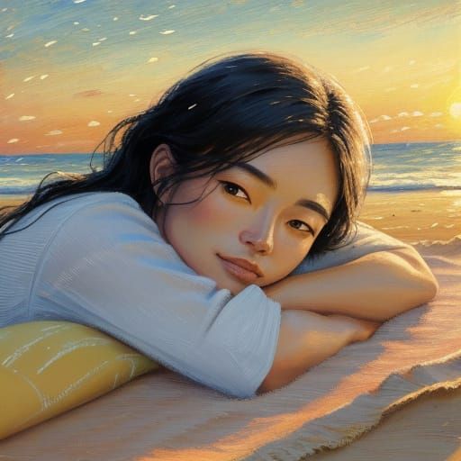 Impressionistic Woman Relaxing on Beach at Golden Hour