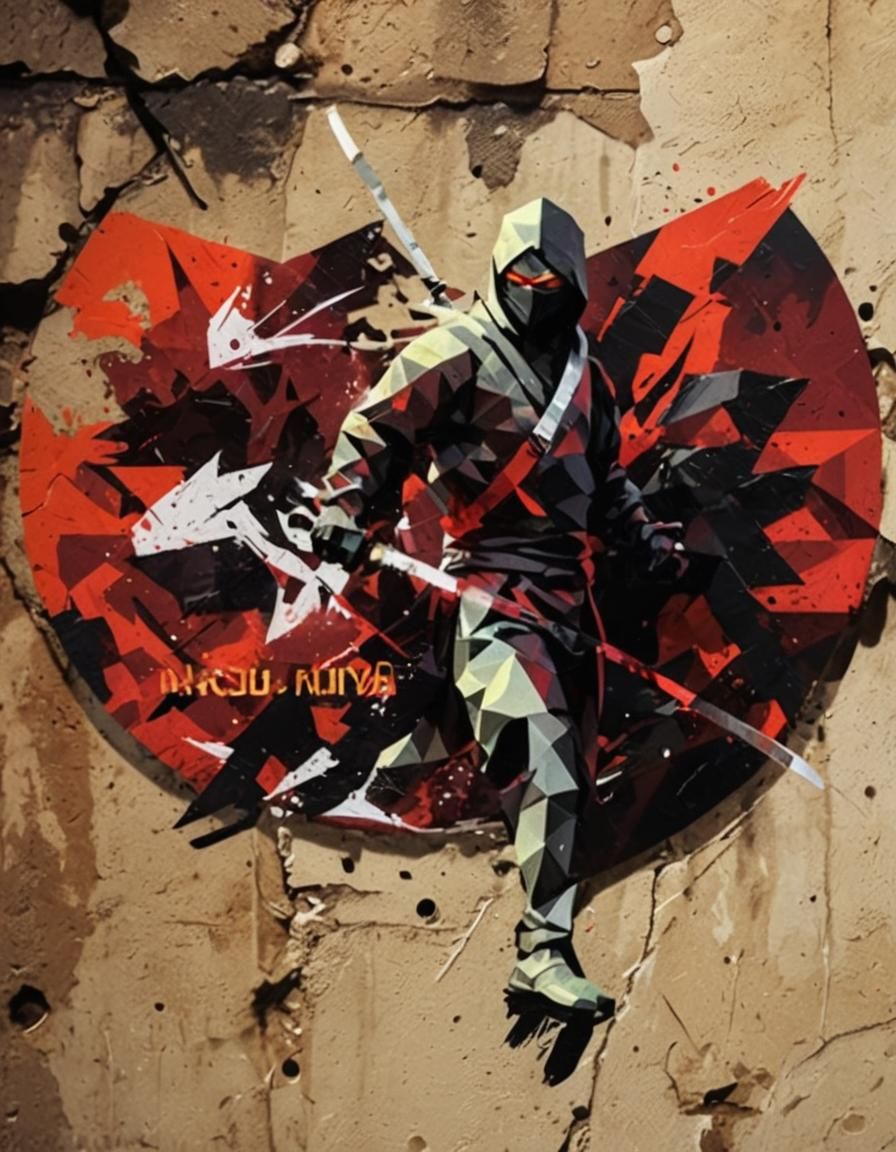 Low-Poly Ninja Cuts Neon Logo in Dark Alley