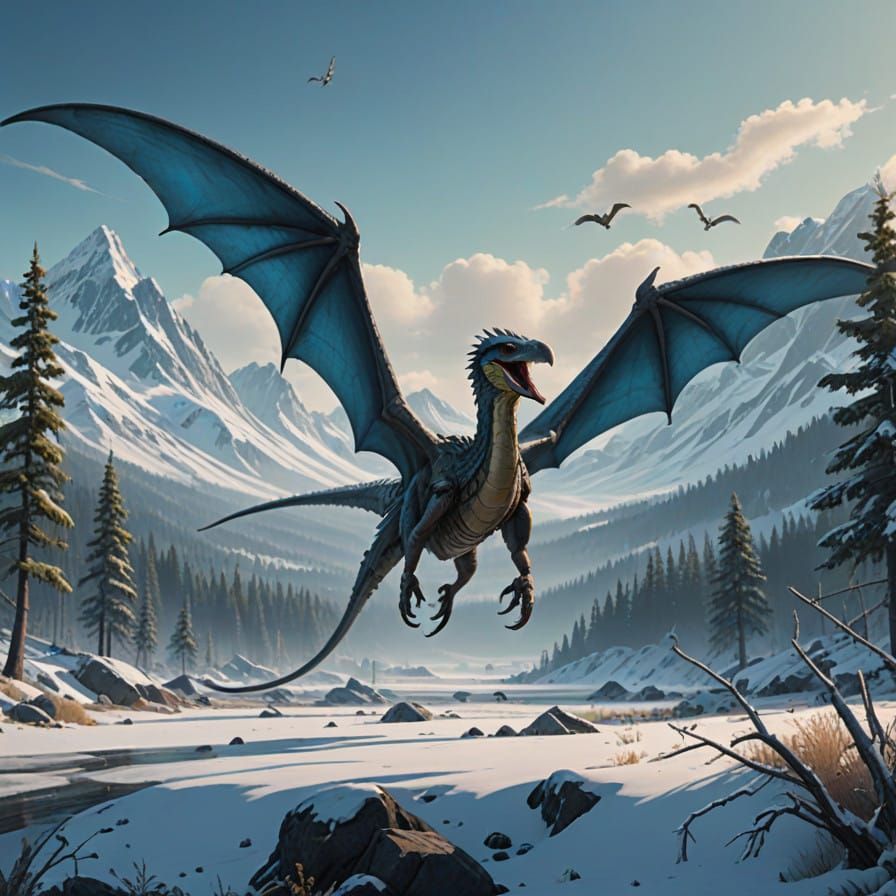 Majestic Bipedal Pterosaur in Icy Wizard Hat, Snowy Mountain...