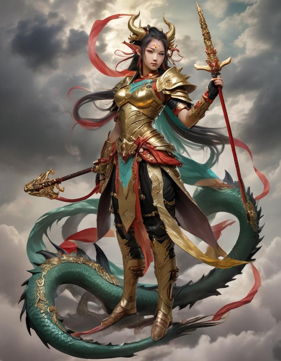 Dragon-Horned Warrior in Golden Armor, Fantasy Art