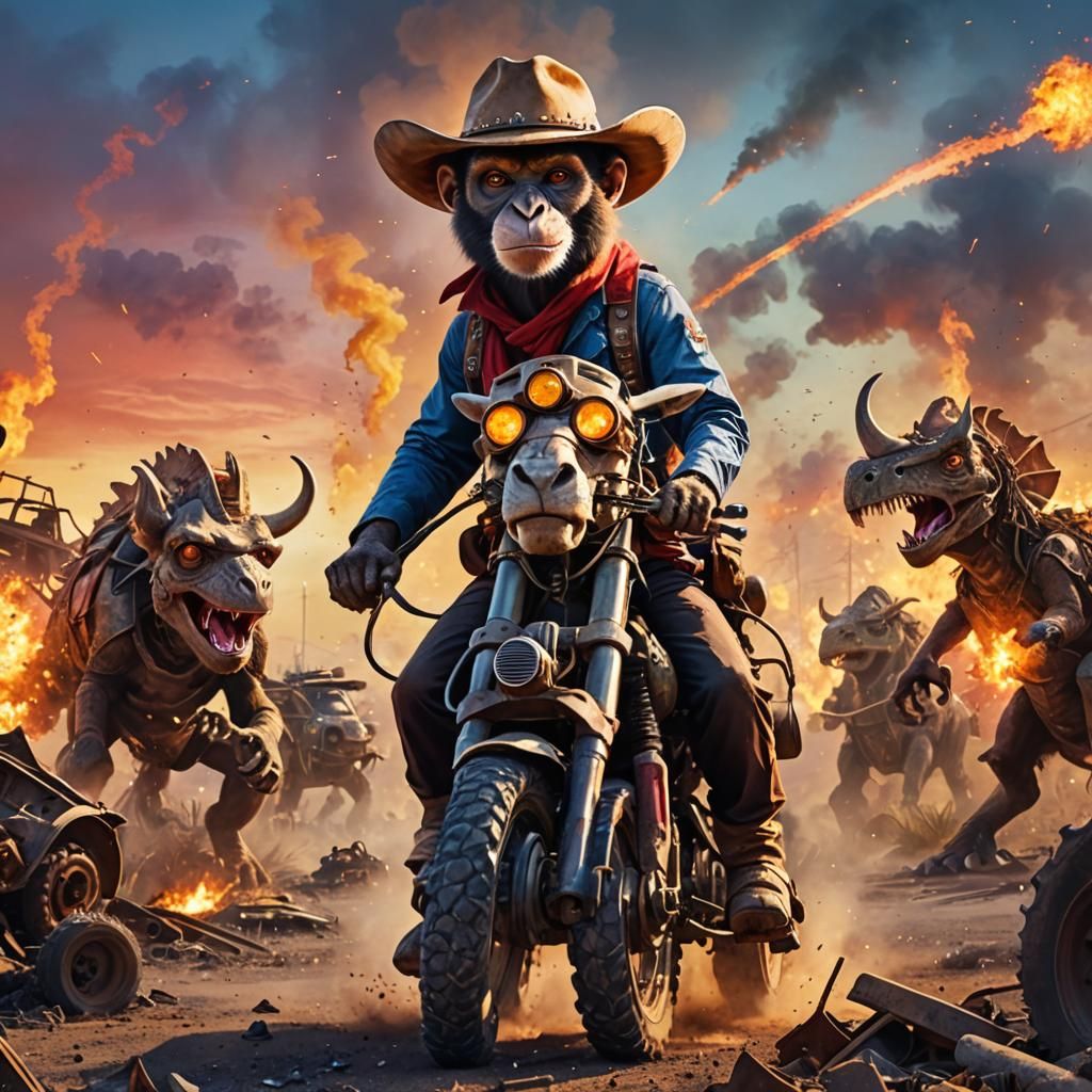 Cowboy Monkey Rides Triceratops in Watercolor Apocalypse