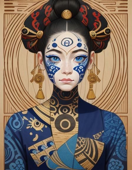 Woman with Tribal Face Paint in Ukiyo-e Style