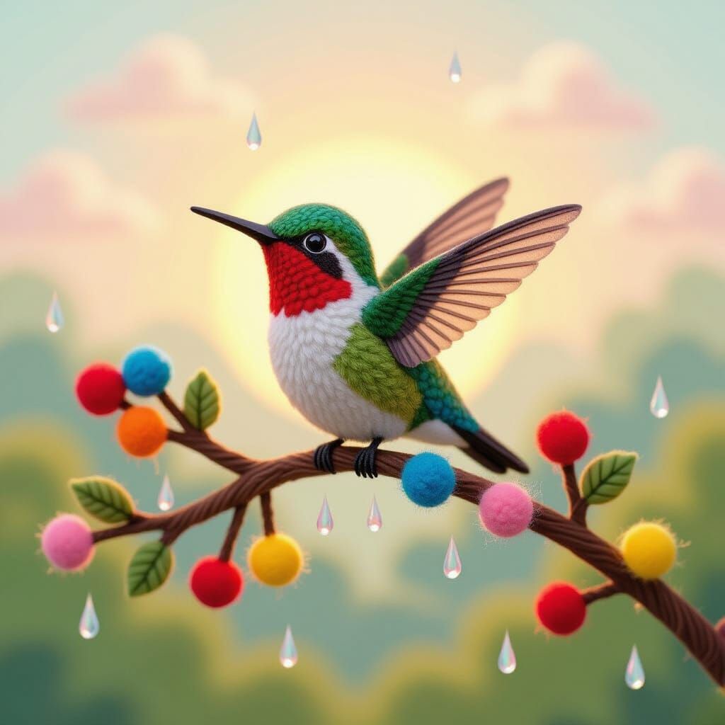 Needle-Felted Hummingbird with Pom-Poms, Lisa Frank Style