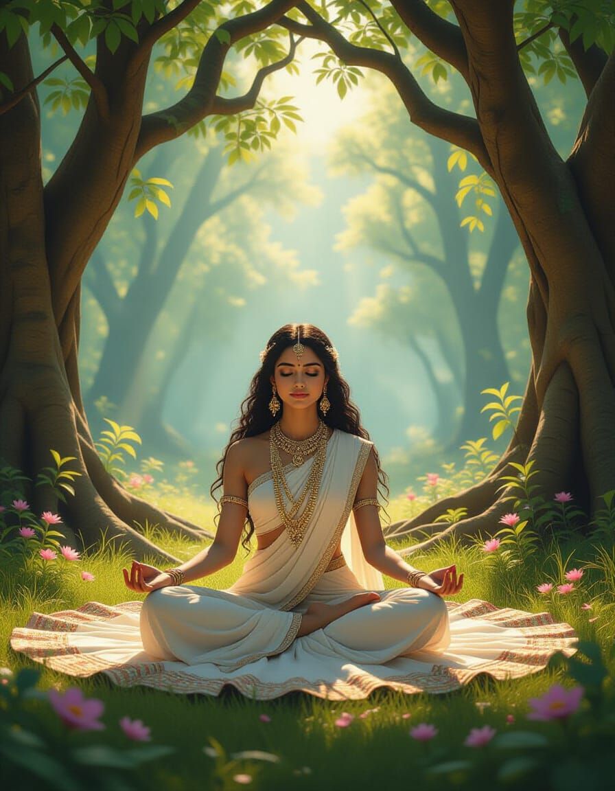 Indian Woman Meditating in Enchanted Forest, Art Nouveau