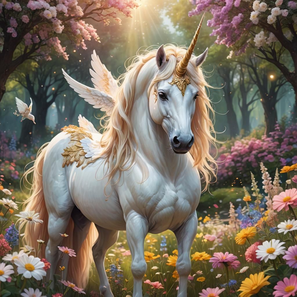 Winged Unicorn in Dreamy Pastel Fantasy Landscape