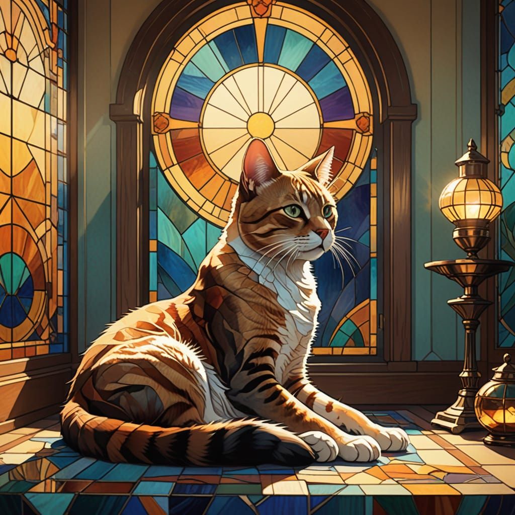 Art Deco Stained Glass Cat in Pastel Bedroom