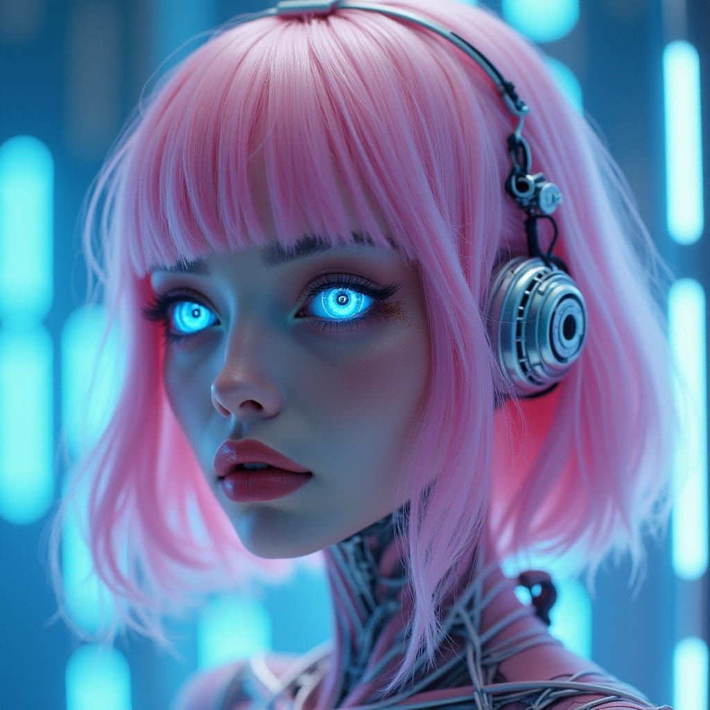 Cyberpunk Goddess with Pastel Pink Hair and Metallic Makeup