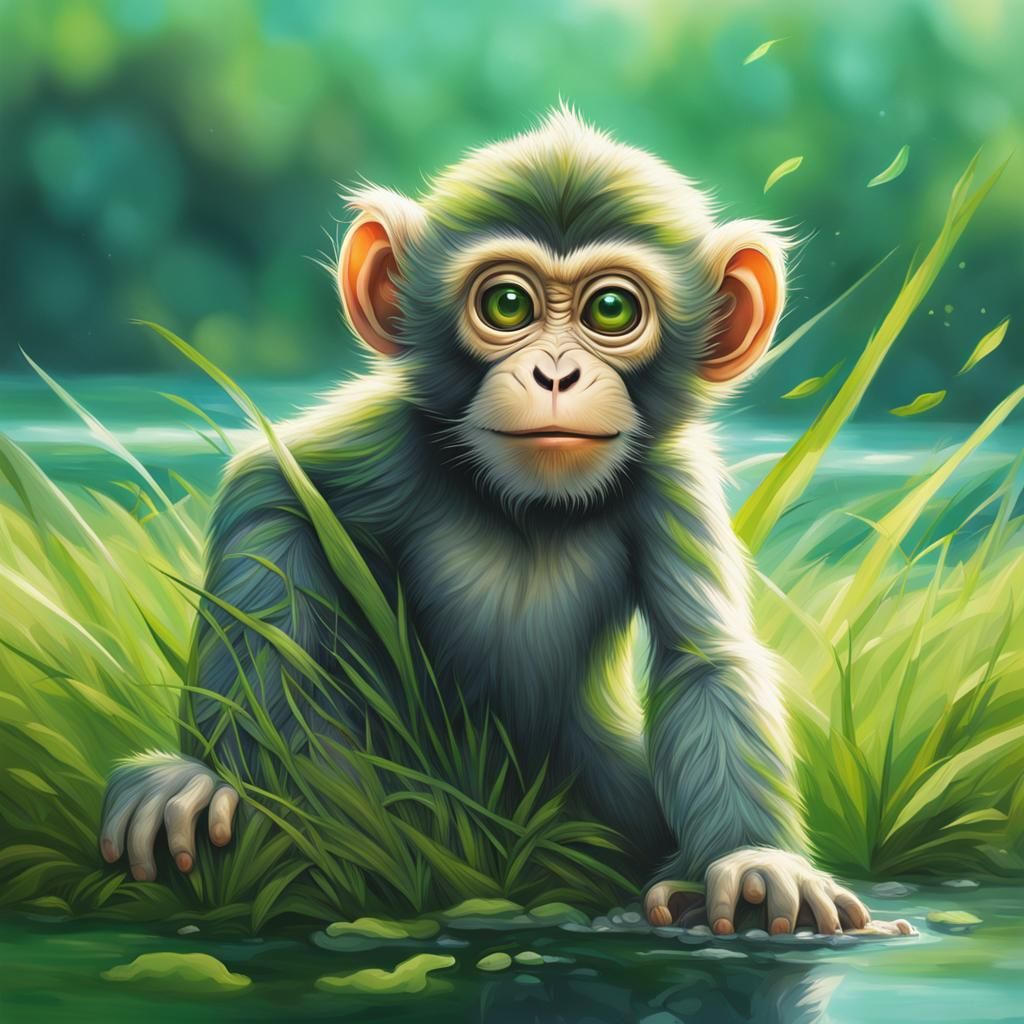 Adorable Baby Monkey in Lush Forest: Hyperrealistic Art