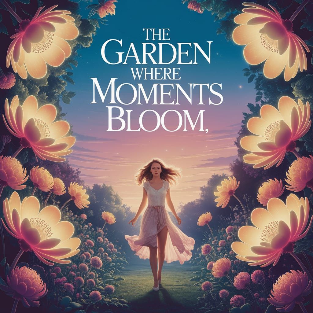 Lush Fantasy Garden Scene in 1980s Movie Poster Style