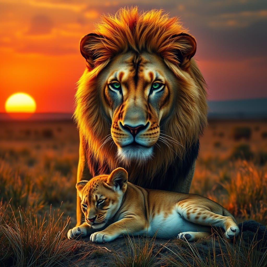 Lion and Cub in African Savanna: Hyperrealistic Wildlife Pho...