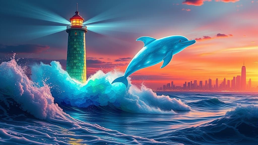 Surreal Sea Glass Lighthouse at Sunset