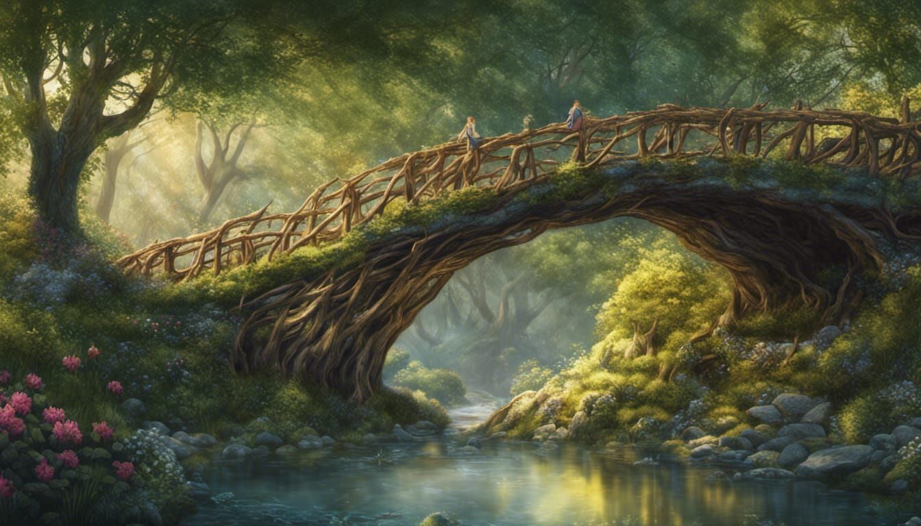Enchanted Forest Bridge with Elf in Fantasy Art