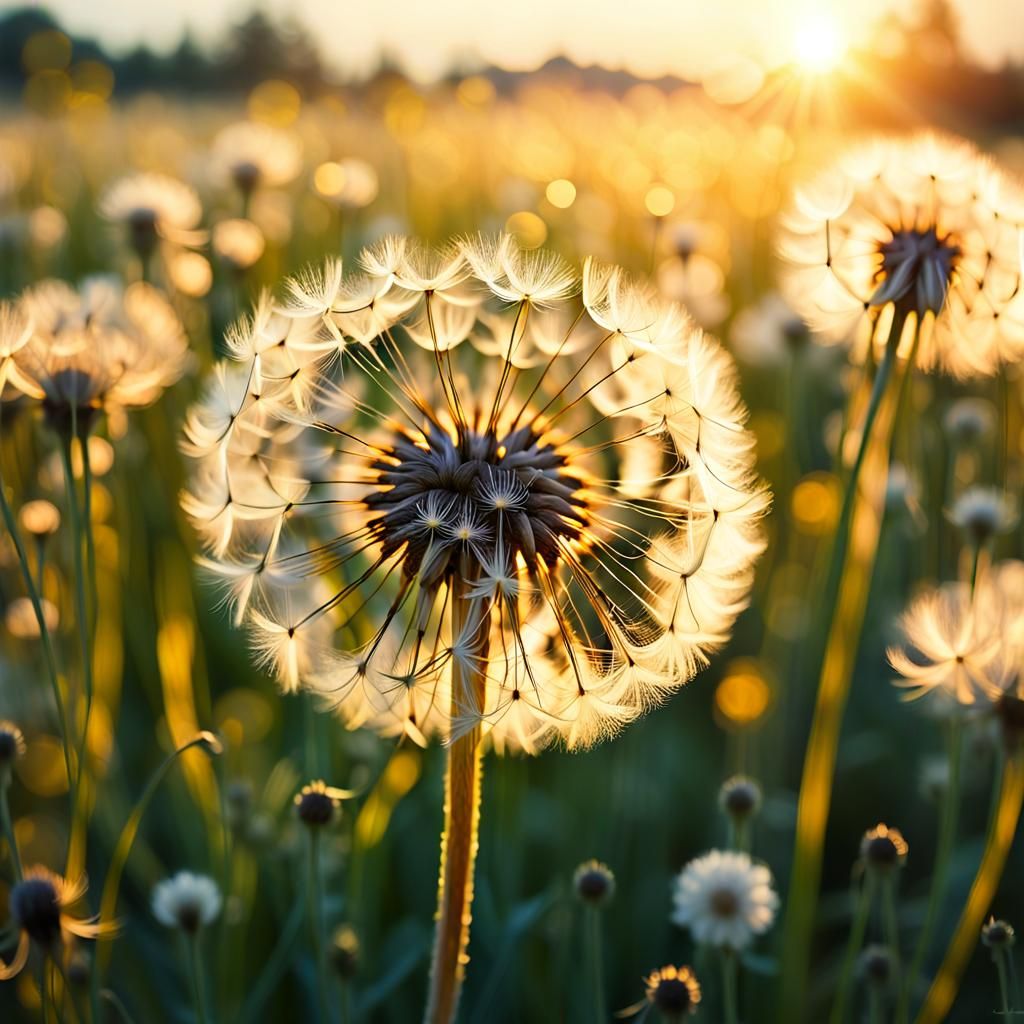 Dandelion Seeds Drifting in a Spring Meadow