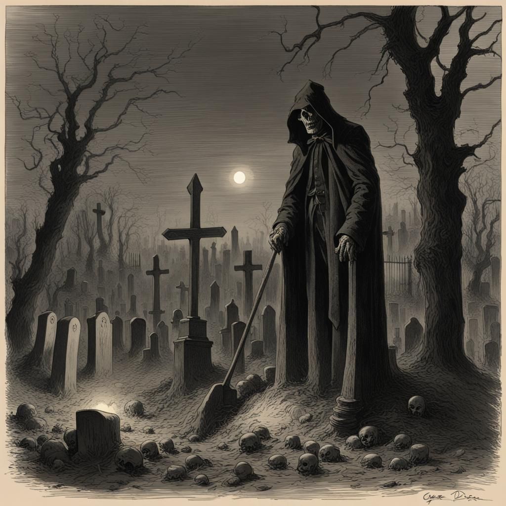 Halloween Grave Digger in Cemetery: Horror Art