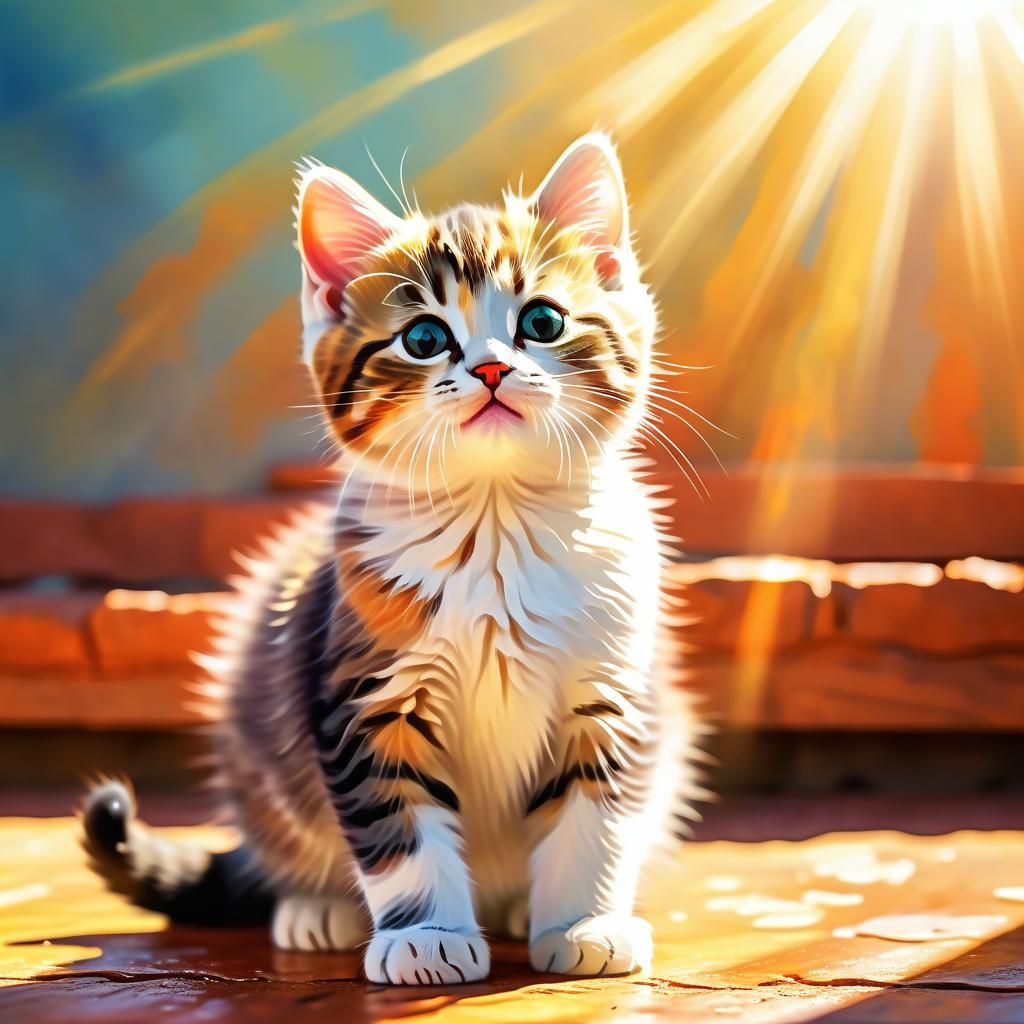 Happy Kitten Enjoying Warm Sunlight in Painterly Style