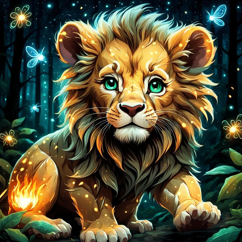 Fantastical Disney Lion Cub in Night Forest