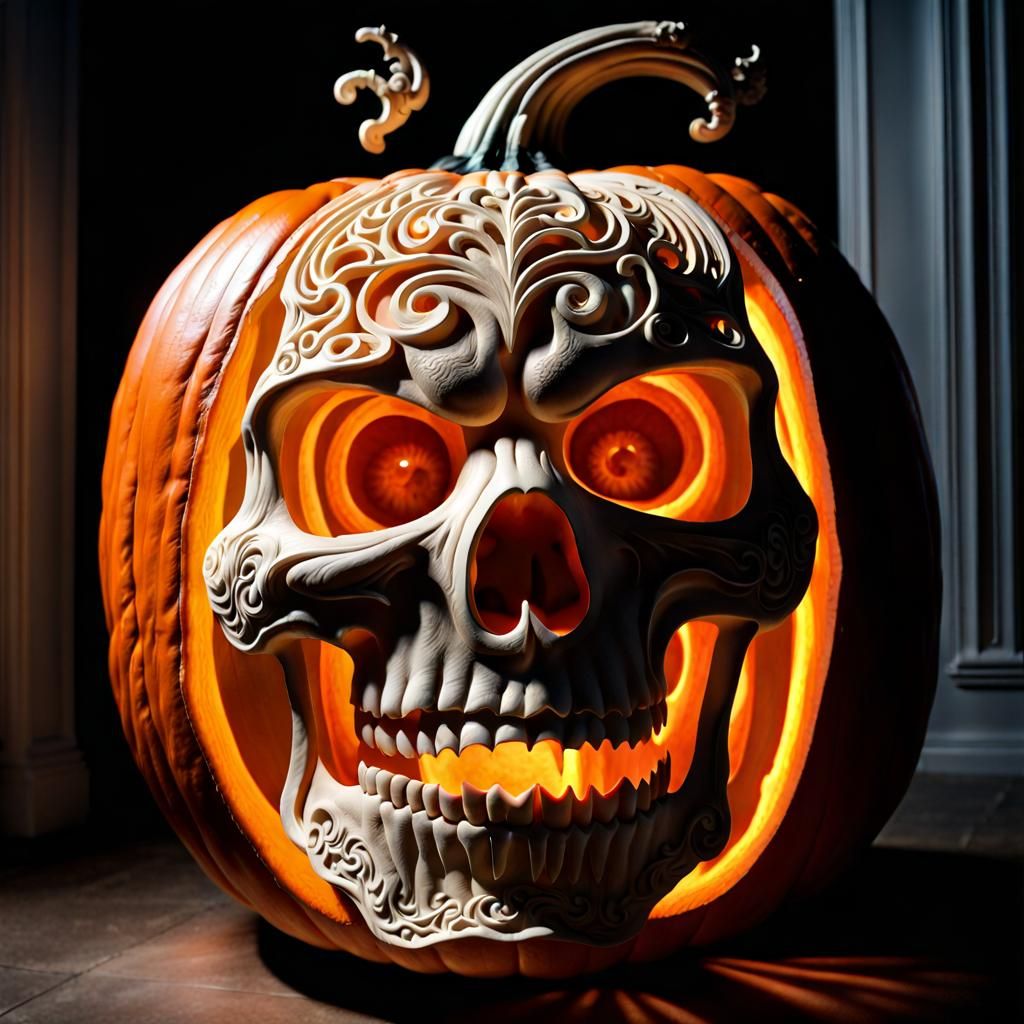 Intricate Vortex Skull Carving on Giant Pumpkin