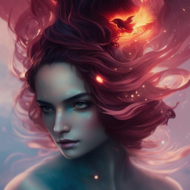 Fire Phoenix Goddess Portrait in Double Exposure Style