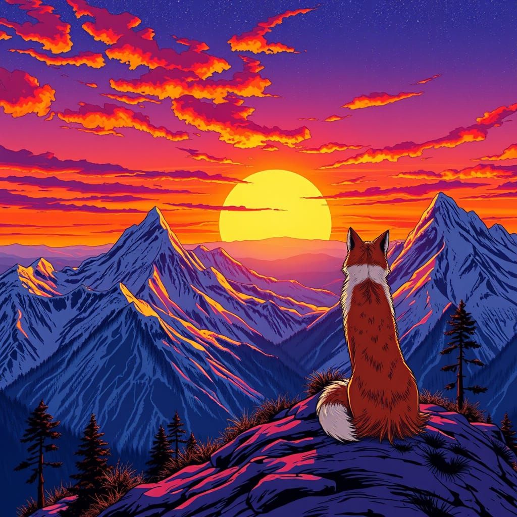 Manga-Inspired Japanese Mountain Scene with Sunset and Foxes