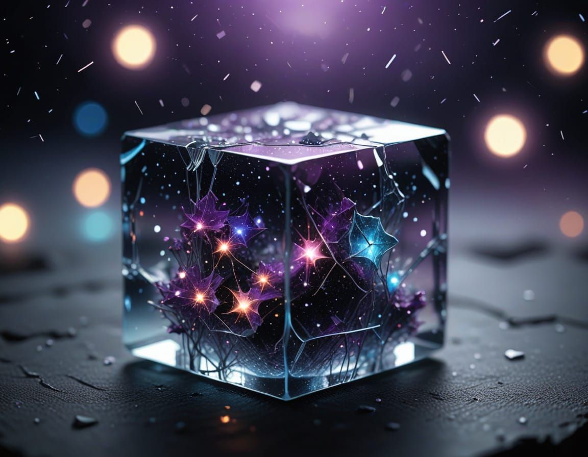 Dreamlike Glass Cube in a Cosmic Realm