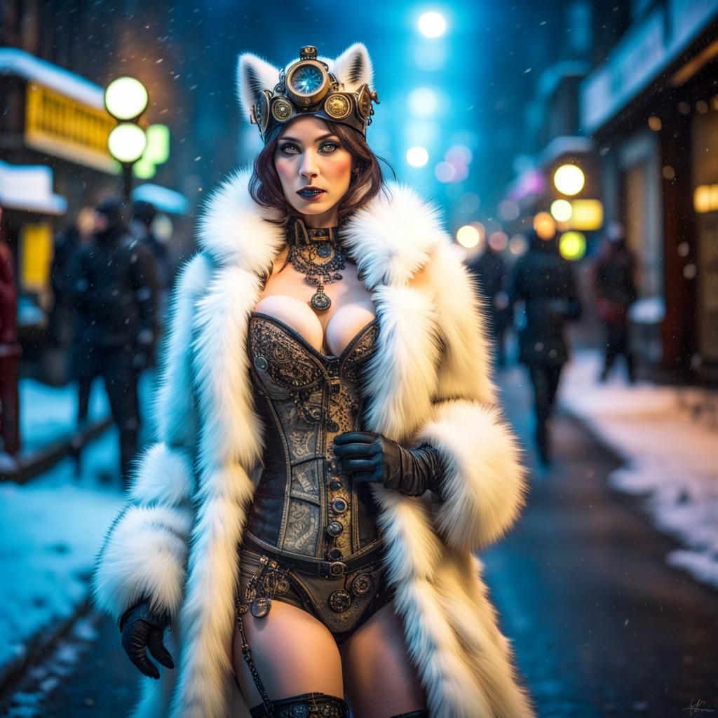 Steampunk Arctic Fox Burlesque Dancer in Neon City