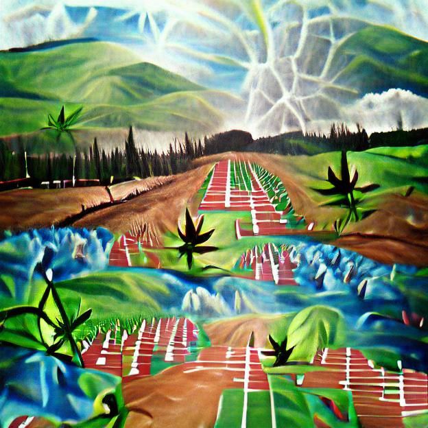 Vibrant Acrylic Painting of Cannabis Field