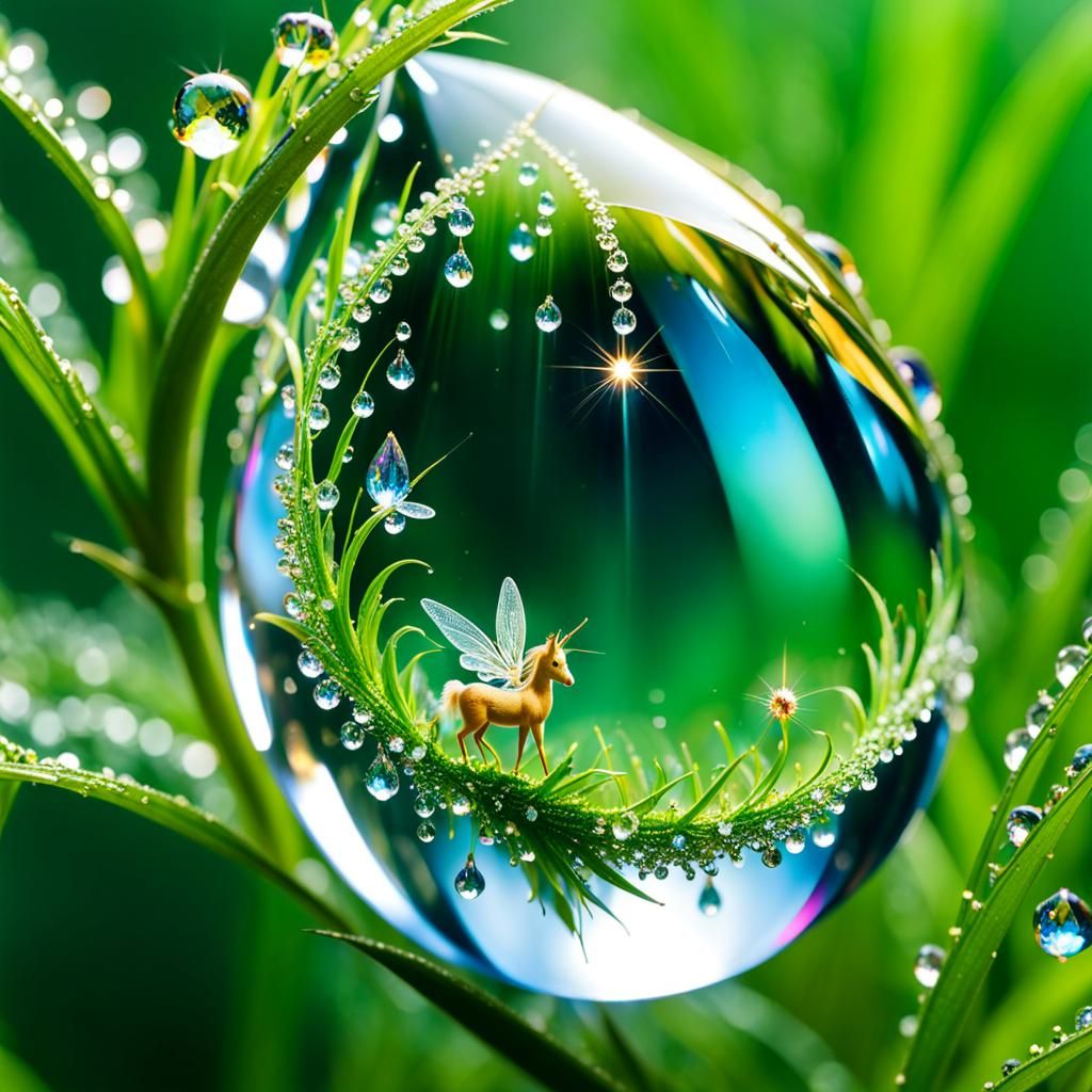 Magical Fairy World Reflected in Dewdrop: Macro Photograph