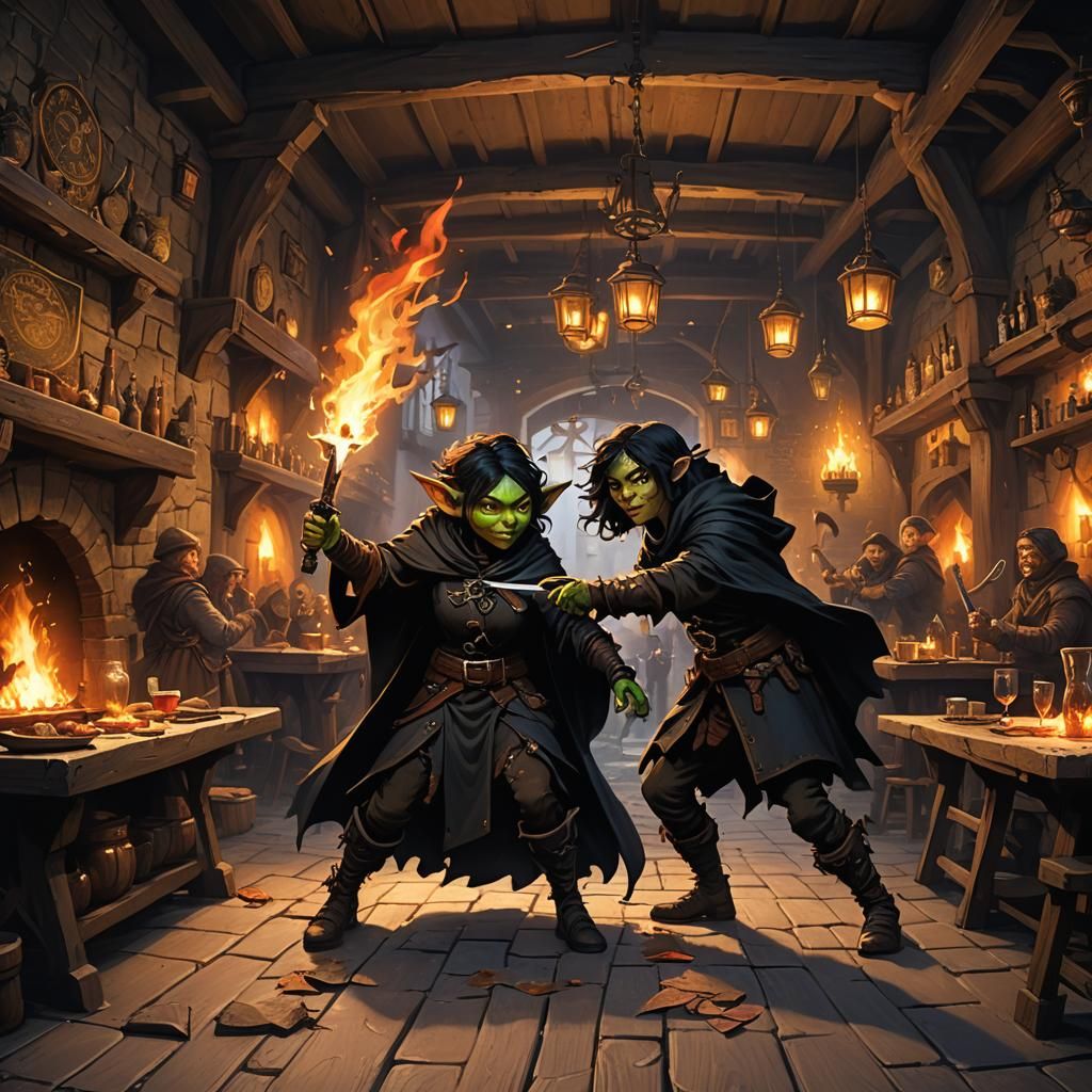 Goblin with Knife in Bustling Tavern Scene