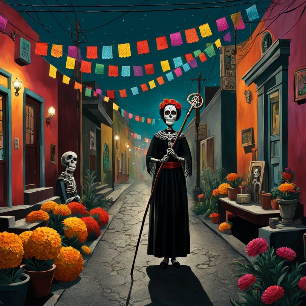 Mystical Santa Muerte on a Mexican Street at Night