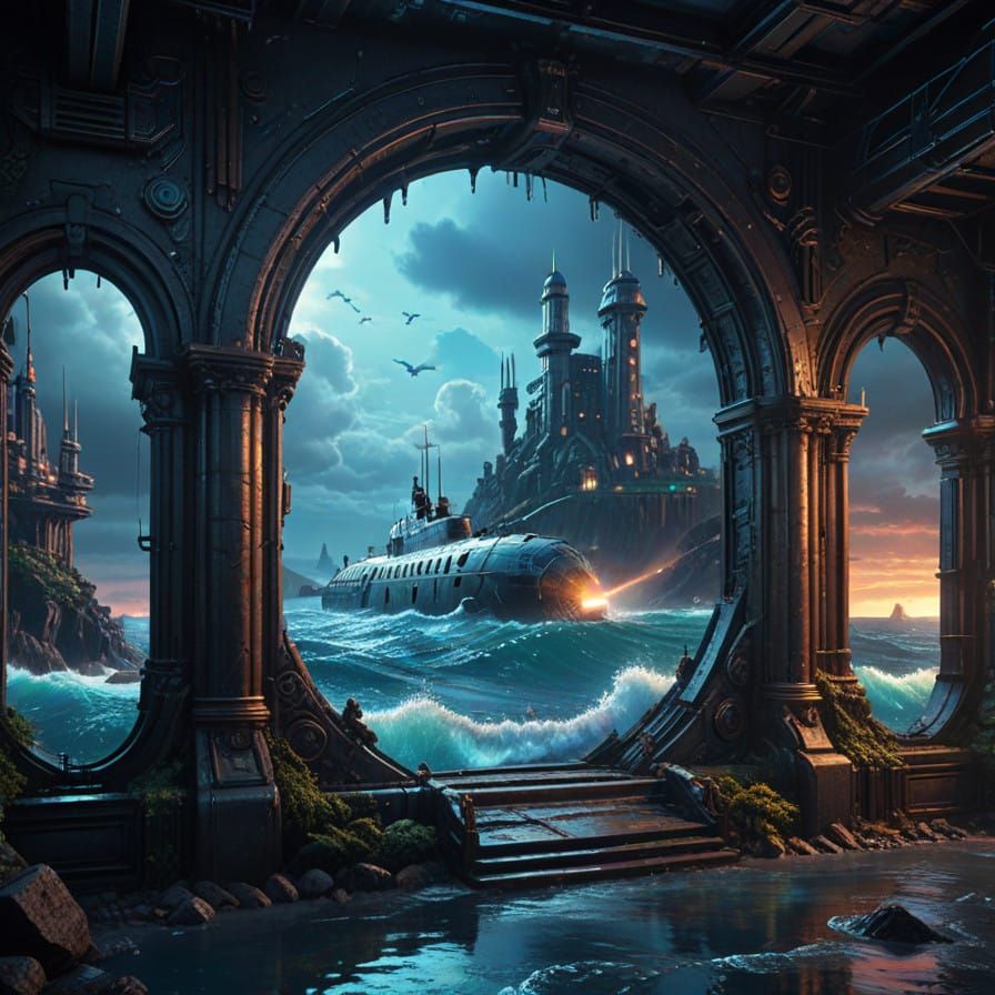 Epic Digital Painting of Atlantis from Submarine Window in C...