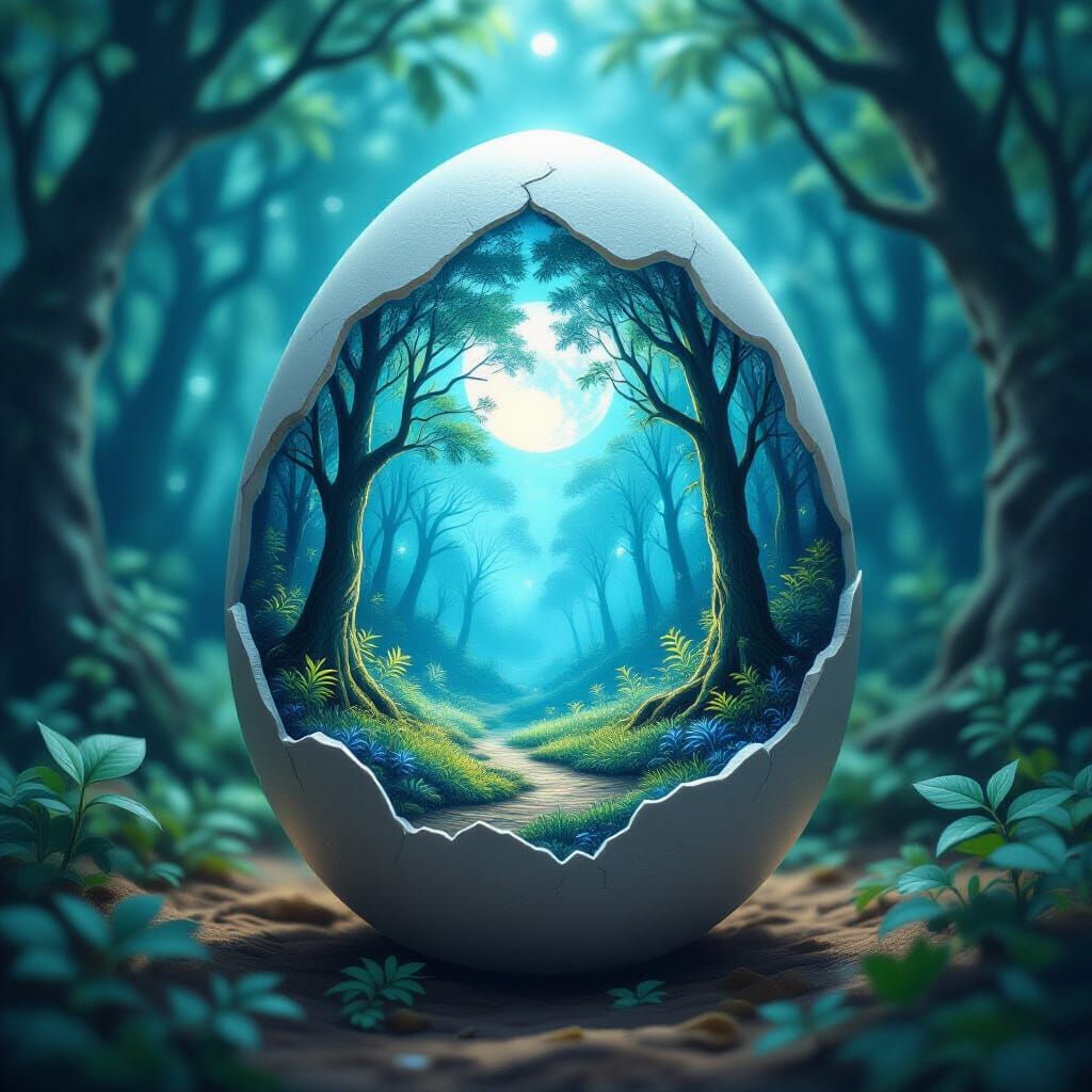 Magical Egg Reveals Ethereal Moonlit Forest Scene