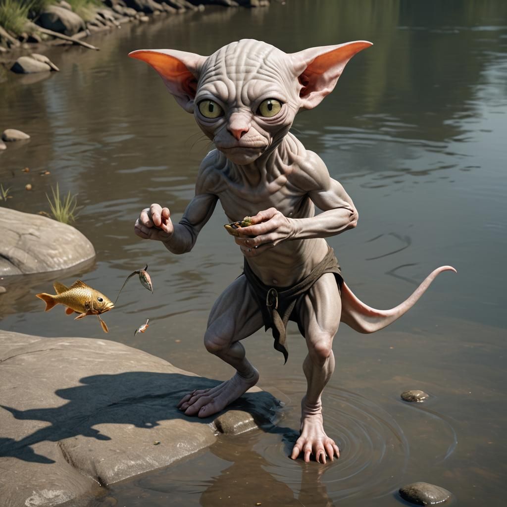 Gollum as Sphynx Cat Holding Fish, Octane Render